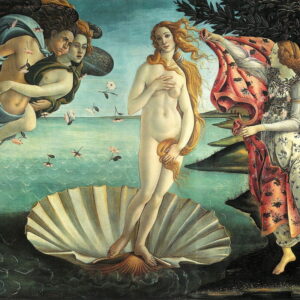 Iconic Renaissance painting The Birth of Venus by Sandro Botticelli depicting Venus standing on a giant seashell at the Uffizi Gallery during a Baroque Bacchus tour