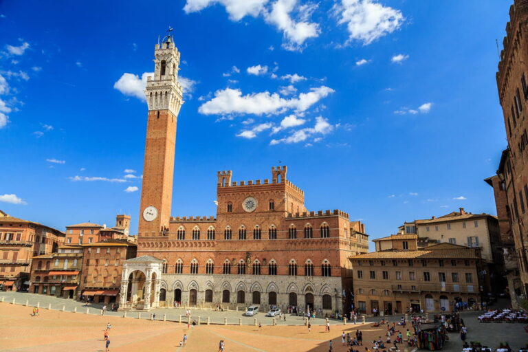 Wide-angle view of the iconic shell-shaped Piazza del Campo in Siena featuring Palazzo Pubblico and Torre del Mangia under a blue sky during a Baroque Bacchus tour