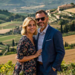 Smiling elegant couple posing together against a scenic background of rolling Tuscan hills during a Baroque Bacchus private tour
