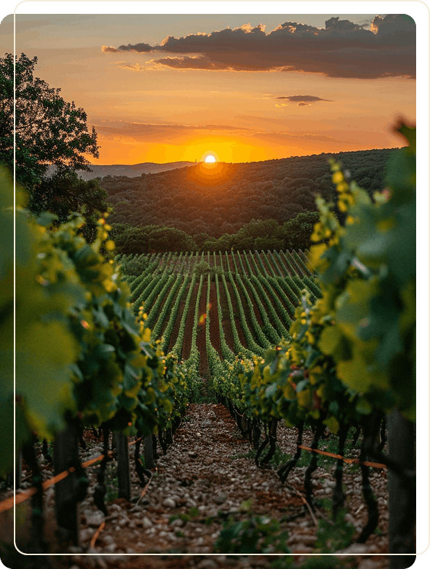 Symmetrical view down a row of grapevines in a Chianti vineyard as the sun sets over distant Tuscan hills during a Baroque Bacchus wine tour