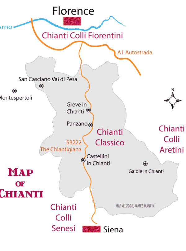Overview map of the Chianti region in Tuscany showing sub-zones between Florence and Siena, including Chianti Classico and the SR222 Chiantigiana road for Baroque Bacchus tours